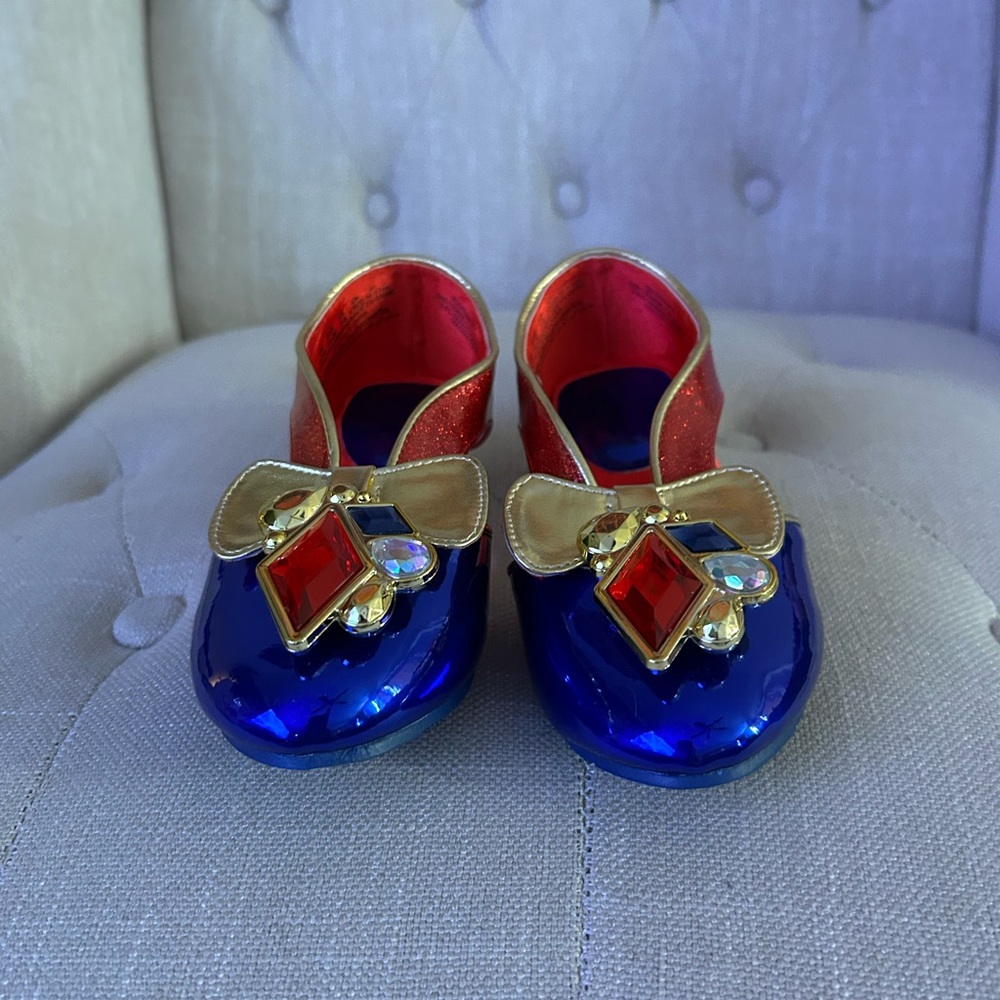 Girls Blue and Red Jewel Bow Dress Shoes